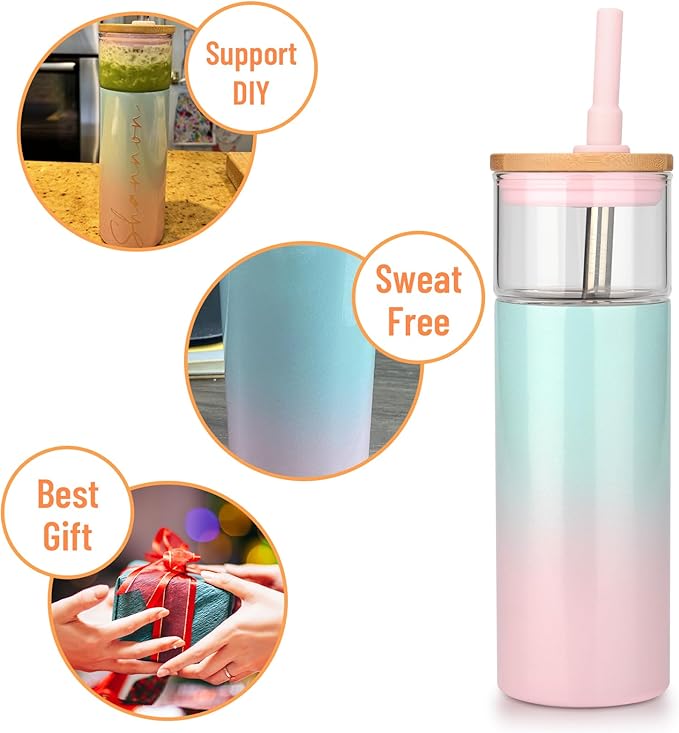 Tronco 20 oz Vacuum Insulated Glass Tumbler with Lid and Straw - Keeps Drinks Cold for 12 Hrs - Reusable Glass Cup for Iced Coffee, Smoothies & Boba - Sweat & BPA Free, Dishwasher Safe, Fit Car Holder
