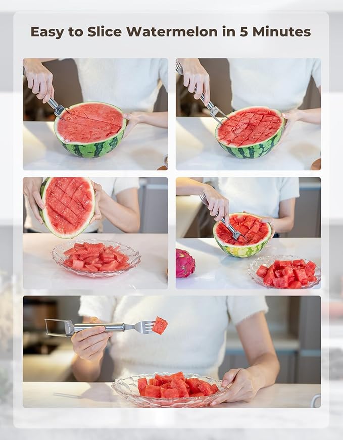 CripsTaste 2 Pack Watermelon Fork Cutter Slicer Tool, 2-in-1 Stainless Steel Fruit Cutter Melon Slicer Cutter Tool, Watermelon Cutting Tool for Home Party Camping Kitchen Gadget