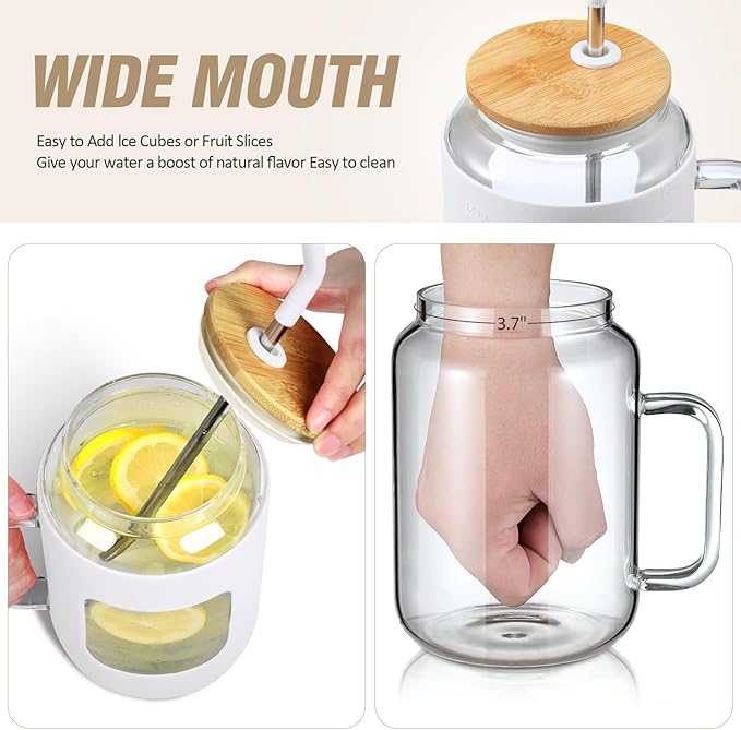 WINSA 50 oz Glass Water Bottles with Silicone Sleeve,Glass Tumbler with Lid and Straw,Iced Coffee Cup with Handle,BPA Free-White