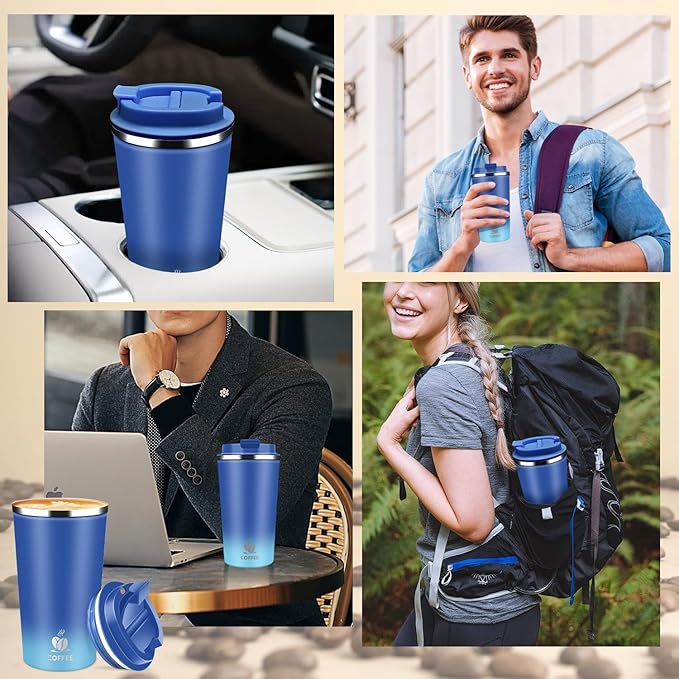 Insulated Travel Coffee Mug Reusable Coffee Tumbler Cup with Flip Lid Leak Proof Spill Proof for Office School Party Camping Hot and Cold Drink,Stainless Steel 17oz (Blue)