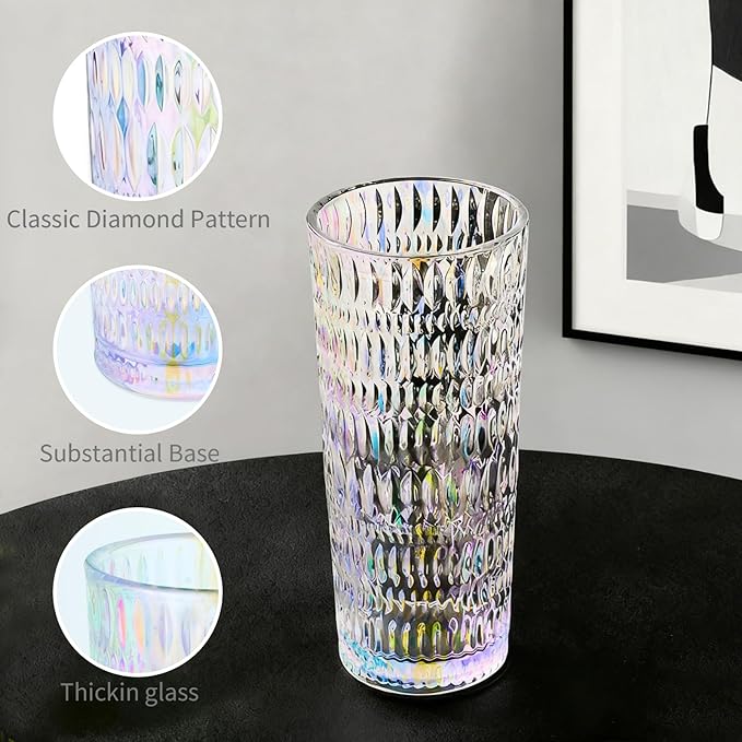 Puraville 2 Pack 18oz Glass Cups with Lids and Straws, Vintage Diamond Pattern Thickened Glassware for Whiskey Cocktail Beer, Mason Jar Drinking Glasses Tumbler Iced Coffee Cup, Rainbow