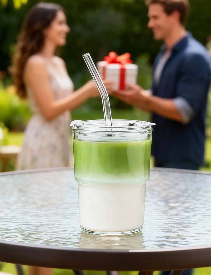 Olvini 13oz Glass Tumbler with Straw and Lid, Reusable Iced Coffee Cup Tumbler, Cute Glass Cups for Water, Matcha, Travel Coffee Mugs (Clear)