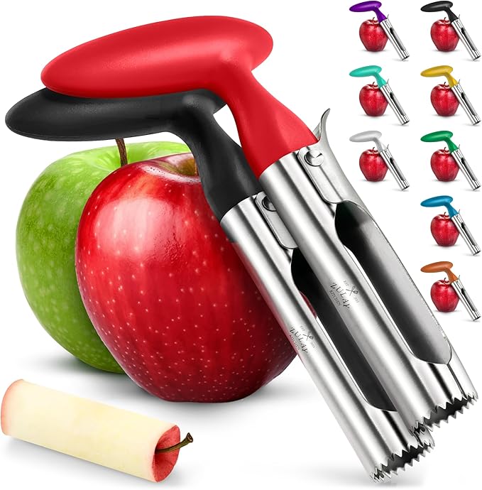 Zulay Kitchen Ultra Sharp Apple Corer Tool - Stainless Steel, Sharp & Serrated Blade Cores in Seconds - Easy to Use & Clean, Durable Apple Core Remover for Apples & Small Fruits - 2 Pack Black & Red