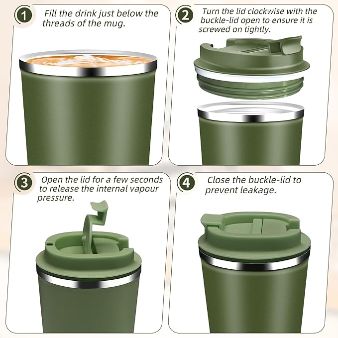 Insulated Travel Coffee Mug Reusable Coffee Tumbler Cup with Flip Lid Leak Proof Spill Proof for Office School Party Camping Hot and Cold Drink,Stainless Steel 17oz (Army Green)