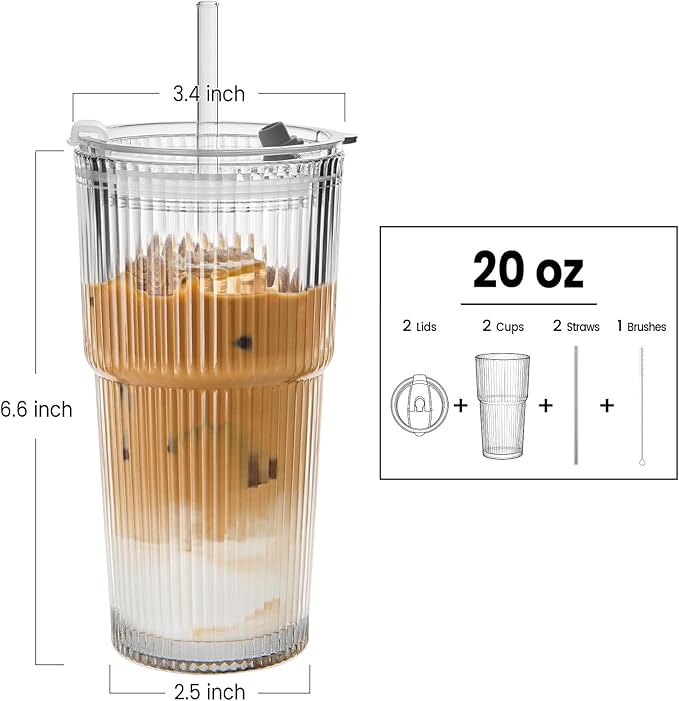 TUZAZO 20 Oz Glass Tumblers with Lids and Straws - 2 Pack Ribbed Glass Iced Coffee Cup with Straw and Lid, Thicken Glasses, Ideal for Smoothieds, Cocktails, and Juices