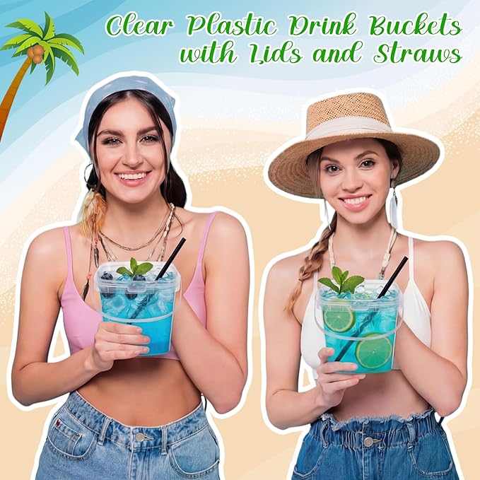 100 Pcs 17 oz Square Clear Drink Buckets with Lids and Straws Reusable Plastic Bucket Cups with Handle for Ice Cream Coffee Cocktail Large Food Safe Party Cup for Pool Beach Bar Birthday