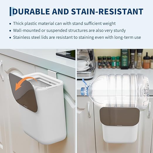 2.4 Gallon/9L Hanging Trash Can with Stainless Steel Lid, Mountable Compost Bin for Kitchen Cabinet Door, Under Sink Food Waste Container for RV, Bathroom, Office