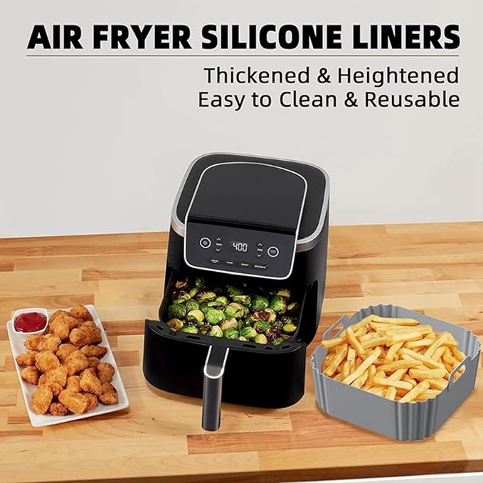AF140 UK Silicone Air Fryer Liners for Ninja Air Fryer AF180 AF181, for COSORI 5.5 6L, 2pcs Reusable Airfryer AF141 UK Silicone Trays for Philips HD9270, 9 Inch Square Non-Stick Air Fryer Acc