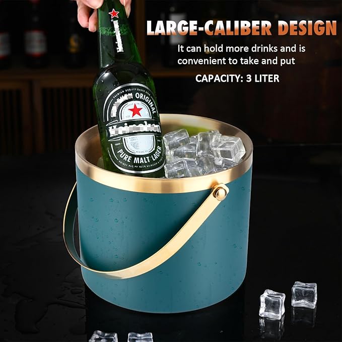 Ice Bucket, 3L Double-Wall Stainless Steel Insulated Ice Bucket With Lid and Ice-Tong, Ice-Buckets for Parties Home Bar, Chilling Beer, Champagne, Wine Bottle(Dark Green)