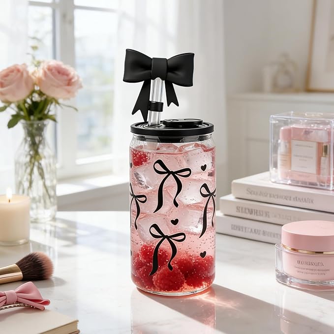 Mason Life Bow Glass Cup 18 OZ with Designs, Black Bow Cup for Preppy Stuff, Cute Tumbler with Straw Cover & Keychain for Women Teen Girls Iced Coffee, Matcha and Smoothies