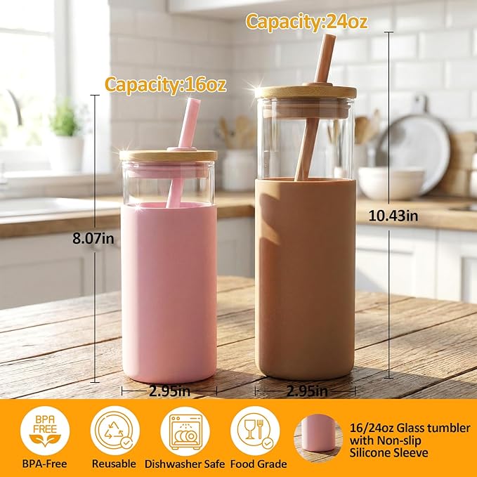 Tronco® 24 oz Glass Tumbler with Lids and Straw, Reusable Iced Coffee Cup & Smoothie Cup with Bamboo Lid, Silicone Sleeve, Dishwasher Safe, BPA-Free Borosilicate Glass, 1 Pack