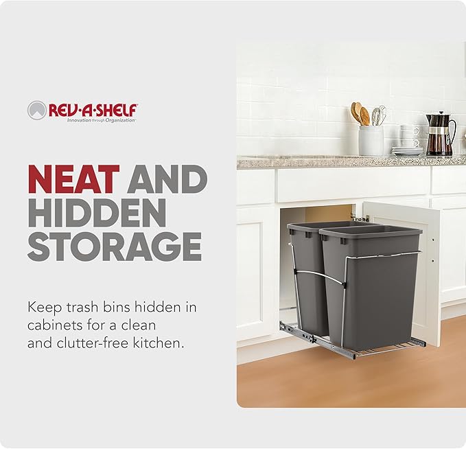 Rev-A-Shelf RV-18KD-13C-S Double Pullout Trash Can for Kitchen Cabinets 35 Quart Garbage Recycling Bin on Full Extension Slides, Gray