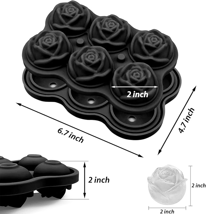 CAMKYDE Rose Ice Cube Tray 2 Inch [1 Mold + 1 Funnel + 6 Stoppers], 6 Cavity Silicone Rose Ice Cube Mold for Whiskey, Chilling Cocktails, Bourbon, Juice (Black)