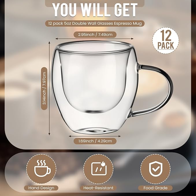 12 Pack Espresso Cups Double Wall 5oz Hand Blown Glass Coffee Mugs Clear Insulated Glass Coffee Shots Cups with Handle for Espresso Machine, Cappuccino, Latte, Tea