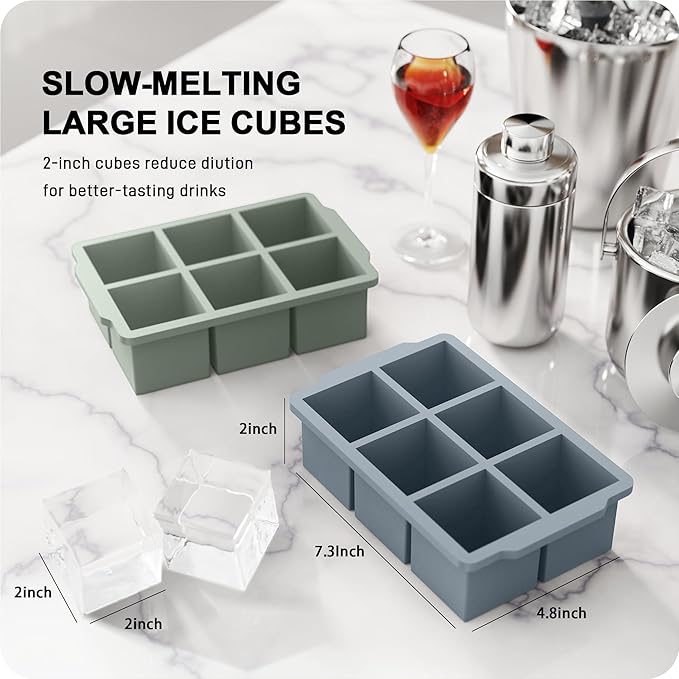 VLM 3 Packs Large Ice Cube Molds with Stackable Lid,Silicone Ice Cube Tray for Freezer,Big Square Ice Tray for Whiskey,Cocktails,Bourbon and Soups (Set 4)