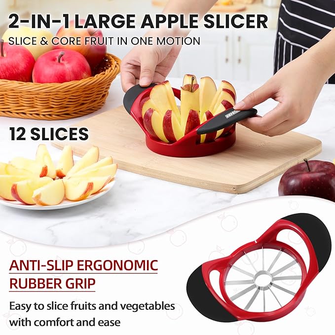 SCHVUBENR 12-Blade Apple Slicer and Corer - 4.72 Inch Sharp Stainless Steel Apple Cutter - Professional Apple Divider Tool for Quick Slices - Easy to Use & Clean - Slice Fruits with Ease - Red