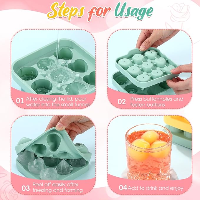 Censen 4 Pcs Silicone Rose Heart Diamond Ice Cube Mold 3D Mold with Covers 9 Cavity Easy Release Cube Tray Easy Release Form for Whiskey Bourbon Cocktails Wine Coffee Juices and More