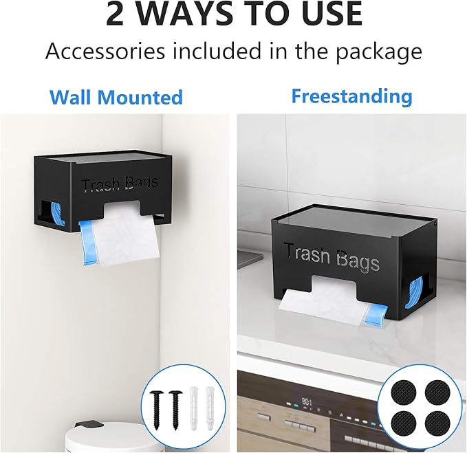 STWWO Large Trash Bag Holder Dispenser, Metal Garbage Bag Dispenser Roll Holder, Kitchen Trash Storage Organizer for Under Sink, Wall Mounted or Freestanding, Black