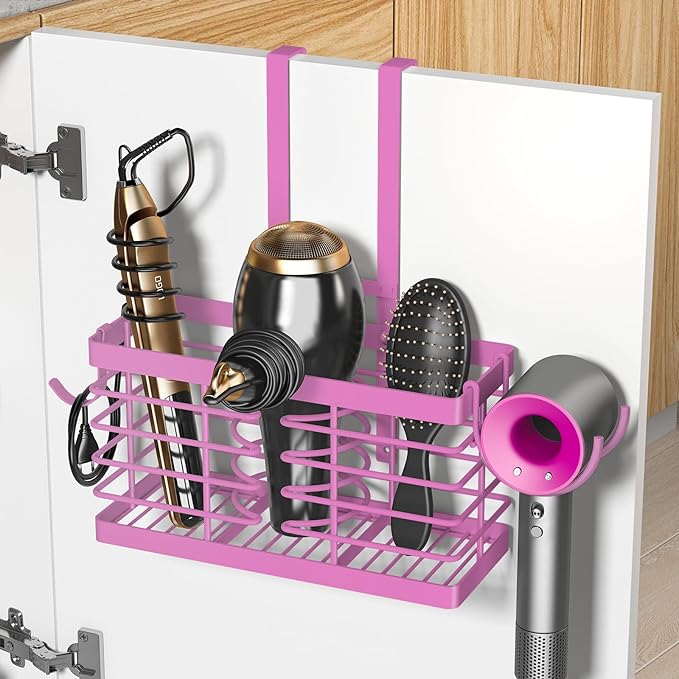 Sevenblue Hair Tool Organizer, 3-in-1 Universal Hair Dryer Holder, Adjustable Height Metal Blow Dryer Holder Wall Mounted/Over Cabinet Door/Free-Standing (Pink)