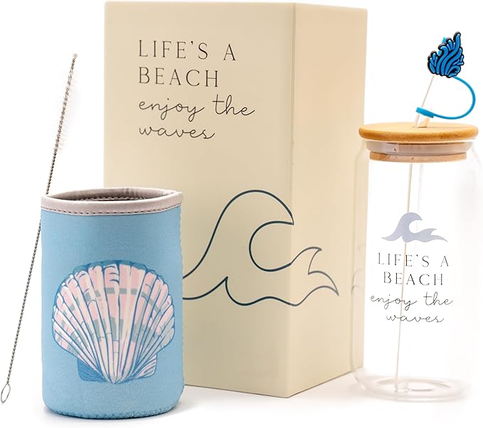The Love Crate Co. Ocean Gifts for Women - Glass Tumbler with Lid and Straw, Customized Straw Stopper and Cup Sleeve, Aesthetic Unique Design Iced Coffee Gift Cup for Mom, Teacher, Friend