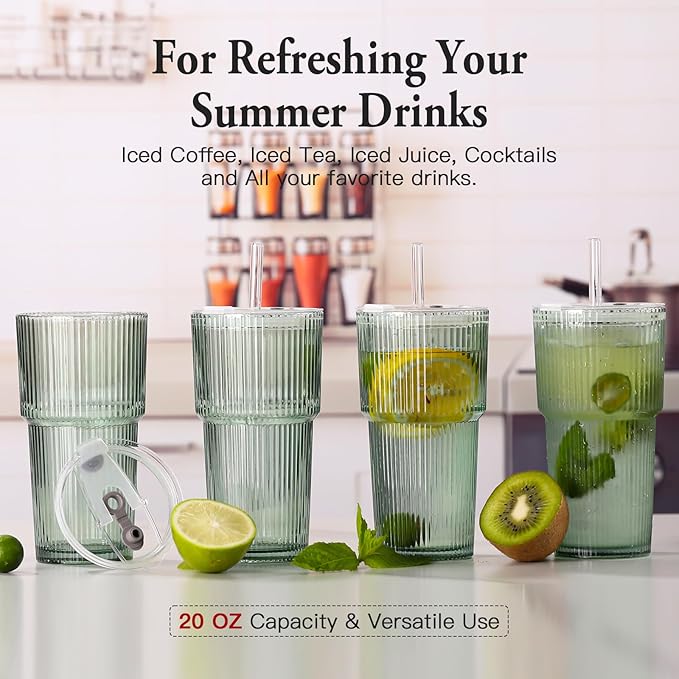 4PCS Green Ribbed Glass Cups with Lids and Straws, 20oz Vintage Drinking Glasses, Aesthetic Iced Coffee Cups, Glass Tumbler for Boba, Beer, Tea, Cocktails, Green Ribbed Glassware Set