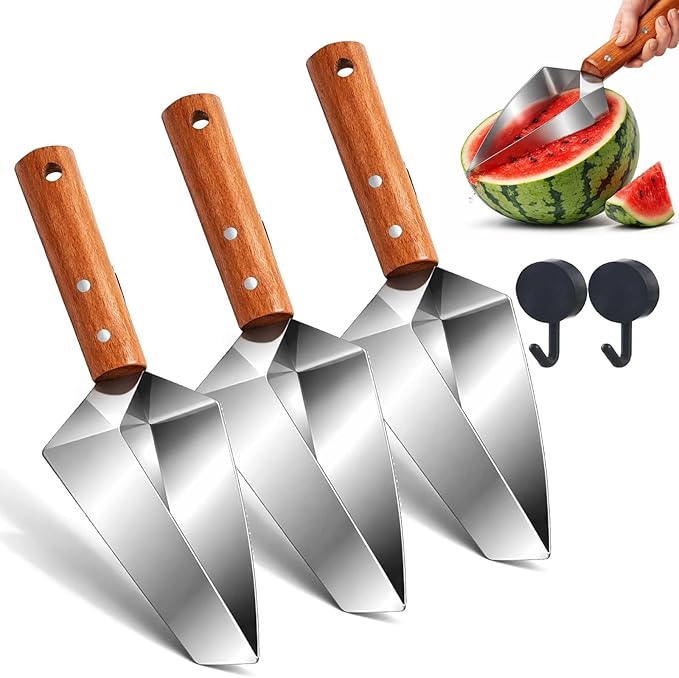Triangle Watermelon Cutter, Stainless Steel Watermelon Slicer with Wooden Handle, Handheld Fruit Cutter for Kitchen Gadgets, Portable for Summer Camping, Picnics, Home, Parties for Fruit, Cake (3PCS)