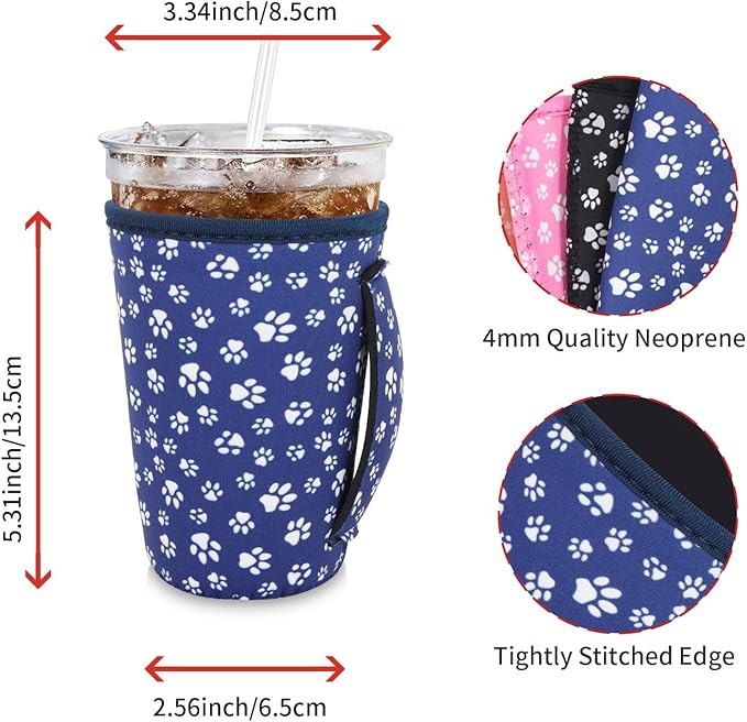 4Pack Reusable Iced Coffee Sleeve Insulator Sleeves for Cold Drinks Beverages, Neoprene Cup Holder for Most Coffee, Fits 22-24oz Medium Cups (Paw Print)