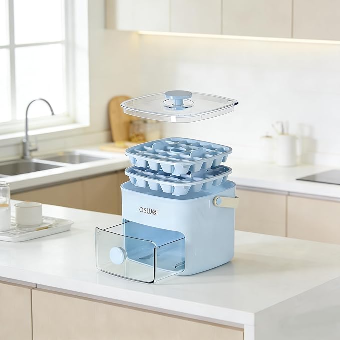 Ice Cube Tray with Lid and Bin, Pack Stackable Ice Tray with Bin and Scoop, BPA-Free Plastic Ice Cube Trays for Freezer with Lid, Chilling Whiskey, Coffee, Cocktail (Blue)
