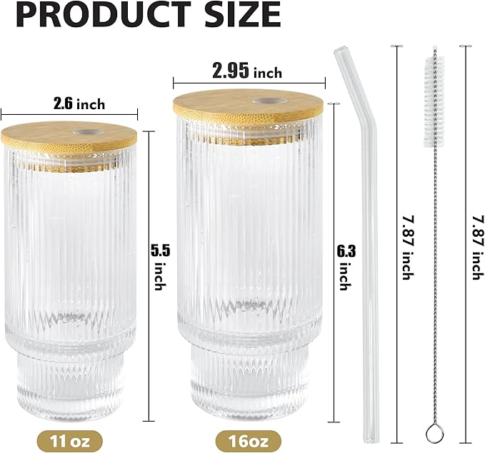 16oz Glasses Cups with Bamboo Lids Straws Brush Vintage Glass Tumbler Set for Mojito Iced Coffee Beer Cocktail Whiskey(Mixed)