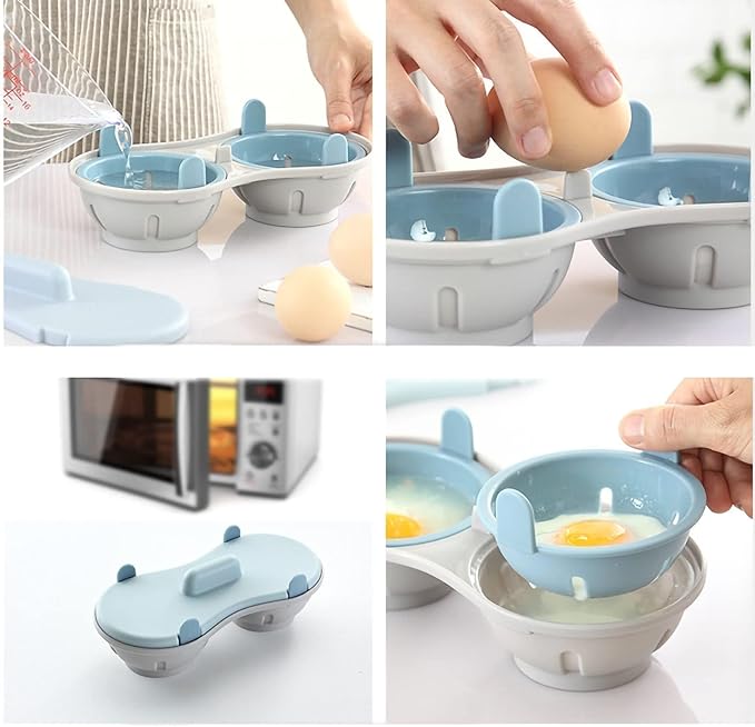 Egg Poacher Microwave Egg Cooker, 2 Cavity Edible Silicone Double Drain Poached Egg Cups Microwave Egg Poacher Egg Steam Egg Maker Poached Egg Steamer for Kitchen Cooking Gadgets, Blue