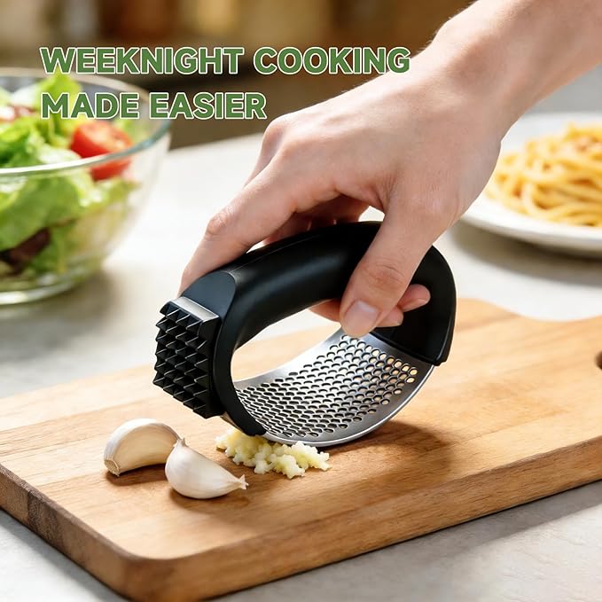 Garlic Press Rocker 304 Stainless Steel Garlic Mincer Crusher Easy to Clean Dishwasher Safe Textured End for Light Tenderizing, with Silicone Peeler and Cleaning Brush