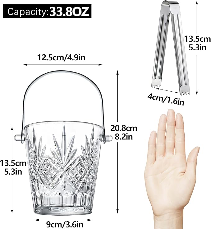 Clear Glass Ice Bucket with Ice Tong and Handle 33.8 oz Crystal Ice Cube Busket Cocktail Bar Champagne Bucket for Parties Wine Accessory