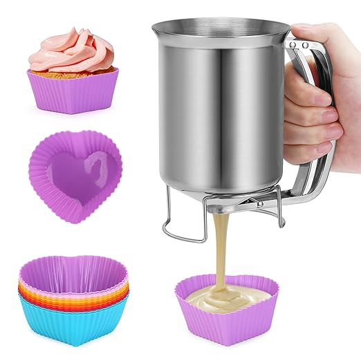 Yummy Sam Stainless Steel Pancake Batter Dispenser with Handle,32oz 900ml Heavy Duty Waffles Funnel Cake Dispenser with 12PCS Silicone Baking Cups,Pancake Pourer Batter Pitcher for Cupcakes,Crepes