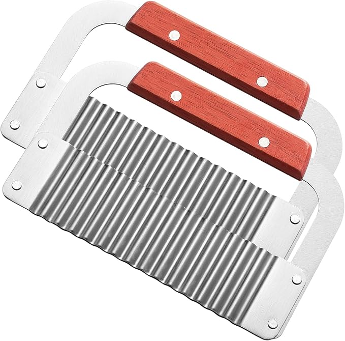 Crinkle Cutter Stainless Steel Potato Slicer Heavy Duty Wavy Crinkle Cutting Chopping French Fry Slicer 2 Pack Tools with Wooden Handle for Carrot Vegetable (Wood, 2)