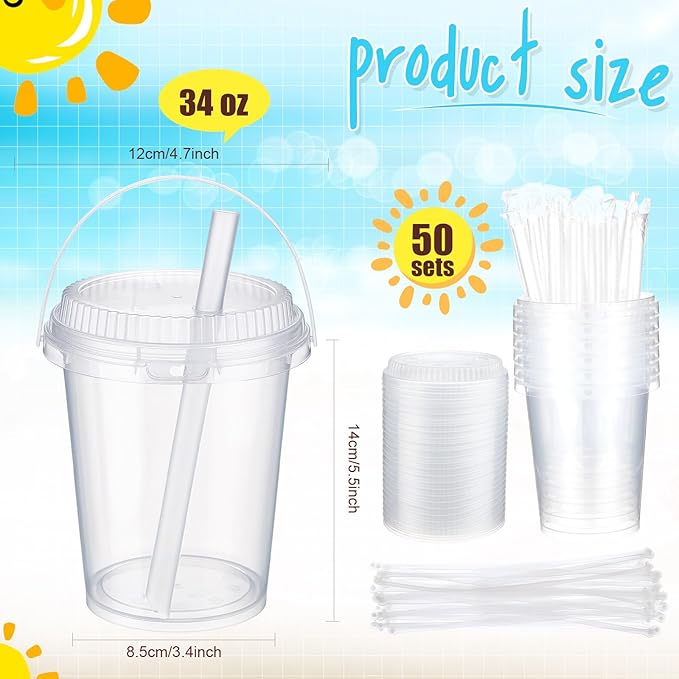 Funnymoom 50 Set 34 oz Clear Drink Buckets with Lids and Straws, Disposable Plastic Rum Cocktail Pails with Handles Large Smoothie Cups for Adult Bachelorette Party Supplies Beach & Catering Events