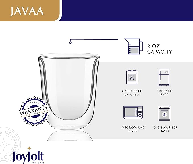 JoyJolt Javaah Double Walled Espresso Glasses Espresso Cups Set of 2 | 2-Ounces