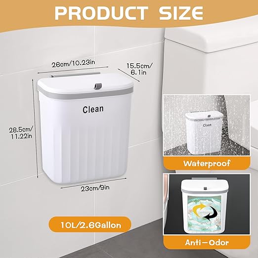 3 Pack Hanging Trash Can with Lid, 12L/3.2 Kitchen Compost Bin for Counter Top & Under Sink, Plastic Waste Basket Wall Mounted Garbage Can for Cupboard/Bathroom/Bedroom/Office/Outside (White)