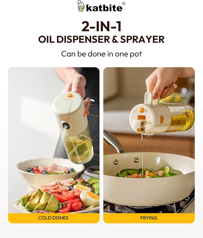 katbite 18.6 oz/550ml olive oil dispenser bottle for Cooking, 2 in 1 glass oil bottle and oil sprayer Non-Drip Leak-Proof Design, Fine Mist(0.5g/Spray) for Air Fryer, Salad, Yellow