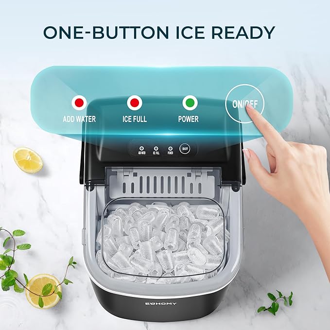 EUHOMY Countertop Ice Maker Machine with Handle, 26.5lbs Per Day, 9 Ice Cubes Ready in 6 Mins, Auto-Cleaning Portable Ice Maker with Basket and Scoop, for Home/Kitchen/Camping/RV (Black)