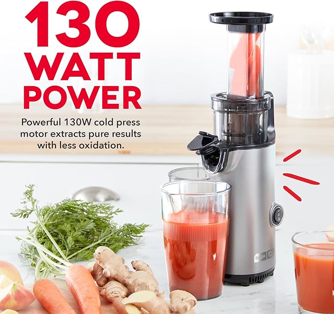 DASH Deluxe Compact Masticating Slow Juicer, Easy to Clean Cold Press Juicer with Brush, Pulp Measuring Cup, Frozen Attachment and Juice Recipe Guide - Graphite