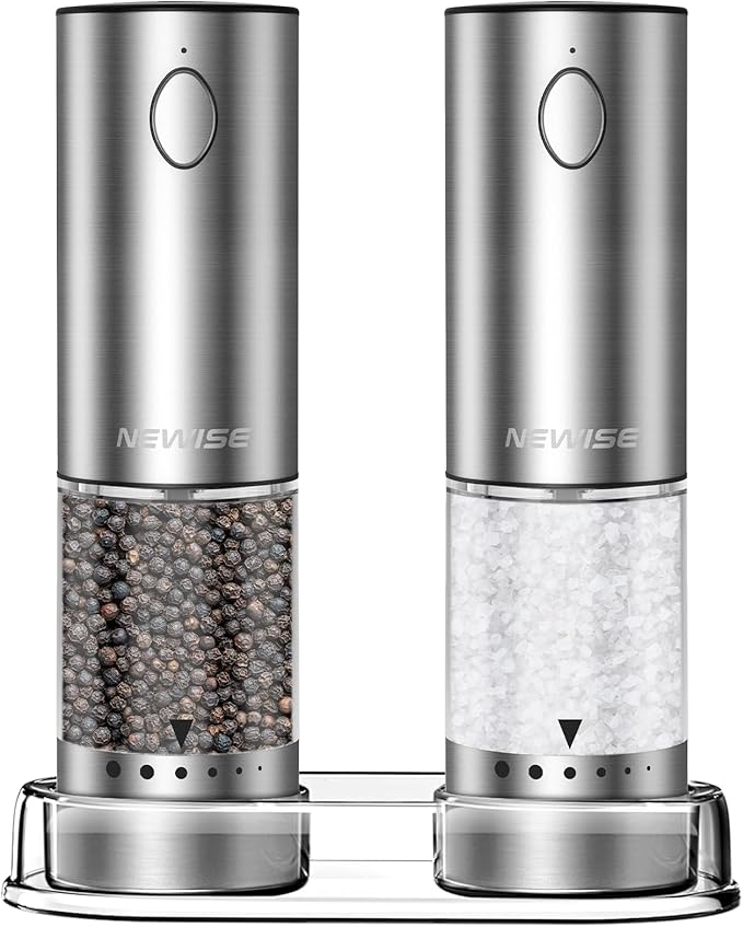Newise Electric Salt and Pepper Grinder Set - Mothers Day Kitchen Gifts for Women, Mom, Rechargeable with LED Lights, Stainless Steel Automatic Mill, Adjustable Coarseness, Large Capacity, Silver