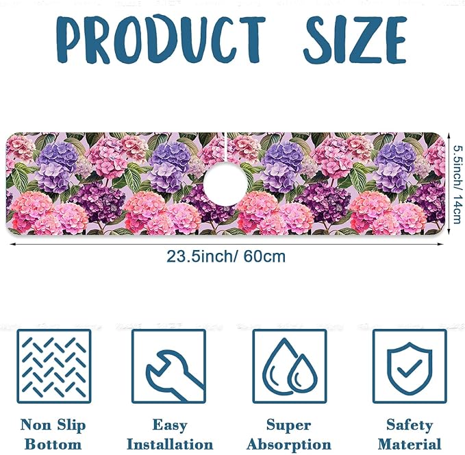 Colorful Hydrangea Kitchen Sink Splash Guard Faucet Mat Purple Pink Hydrangea Super Absorbent Fast Drying Mat Sink Splash Guard Behind Faucet for Kitchen Bathroom, 23.5"x5.5"