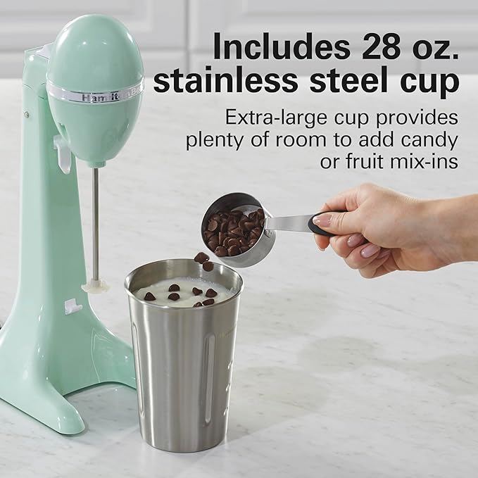 Hamilton Beach DrinkMaster Electric Drink Mixer, Retro Milkshake Maker & Milk Frother, 2 Speeds, Extra-Large 28 oz. Stainless Steel Cup, Mint