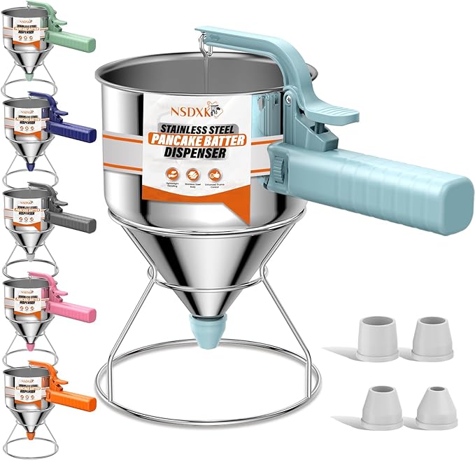 40oz Pancake Batter Dispenser, Stainless Steel Cake Dispenser with Stand, Great for Pancakes, Cupcake, Waffle or Any Baked Goods, Durable, Leak-Free, Sky Blue