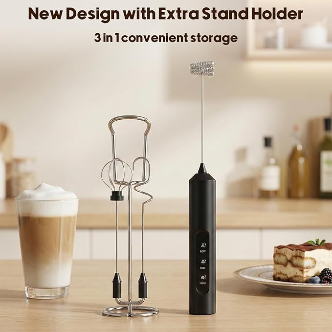 Rechargeable Milk Frother Handheld with 3 Speed, 3 Detachable Whisks with Stand, Electric Coffee Drink Mixer Wand for Cappuccino, Latte, Matcha, Hot Chocolate, Eggs,Protein Black