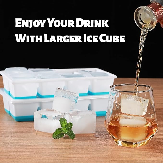 Ice Cube Trays 4 Pack, JRISBO Large Silicone Ice Cube Molds with Leak-Proof Lid, TPE Frame & Easy Release Bottom, Stackable Freezer Ice Trays for Whiskey, Cocktails, Soup, BPA Free
