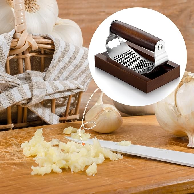 Stainless Steel Garlic Press with Wooden Walnut Container Garlic Press Crusher Set for Kitchen
