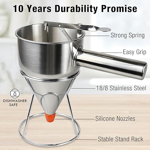 Pancake Batter Dispenser, Large 40oz/1200ml Multi-Caliber Stainless Steel Funnel Cake Dispenser with Stand for Commercial and Home Use