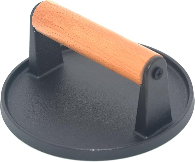 Kitchen Tools Heavy Duty Cast Iron Smash Burger Press Round Barbecue Meat Flat Press with Anti Scalding Wooden Handle with Handle for Griddle, Sandwich, Nonstick Pan