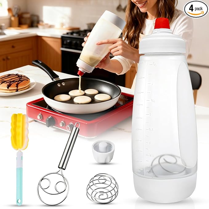 Pancake Batter Dispenser Bottle Kit - 4.5-Cup Pancakes Mixer with Shaker Ball Stainless Steel Whisk and Brush,Squeeze Bottles for Cupcake Muffin Waffle Crepe